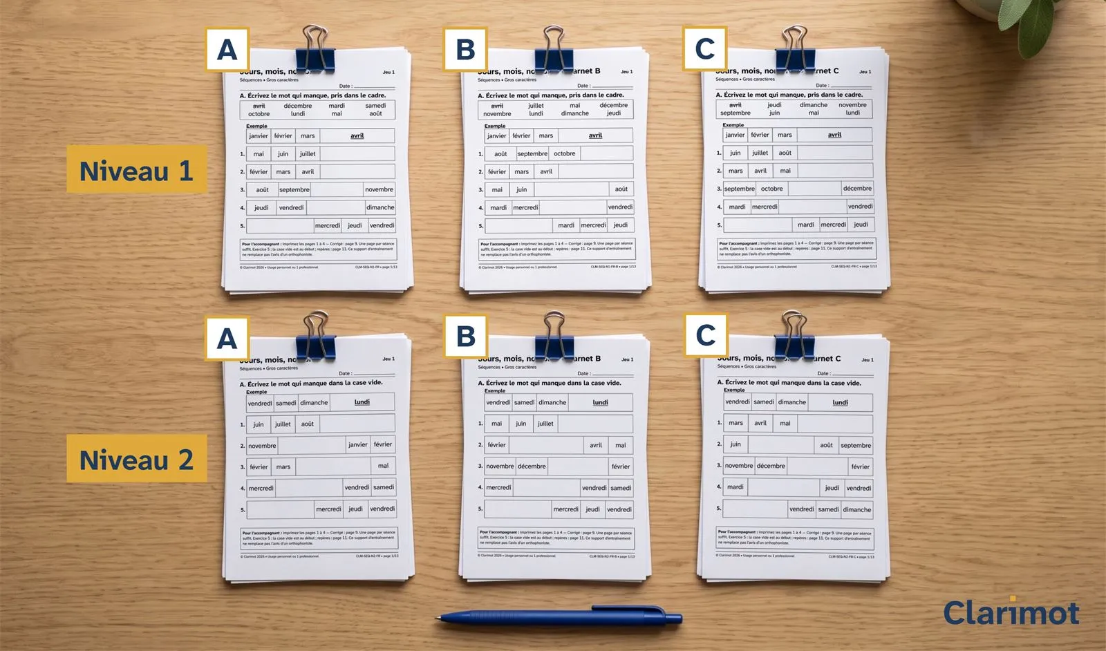Six carnets d'exercices imprimés et pincés, rangés en deux lignes : niveau 1 et niveau 2, carnets A, B et C.